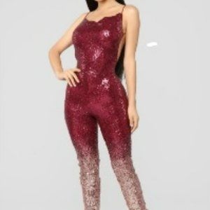 Fashion Nova Burgundy Sequin Jumpsuit